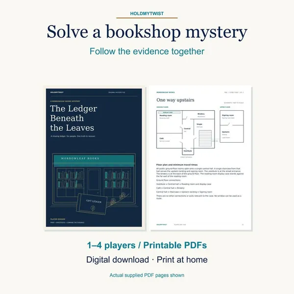 The Ledger Beneath the Leaves, a HoldMyTwist printable bookshop mystery.