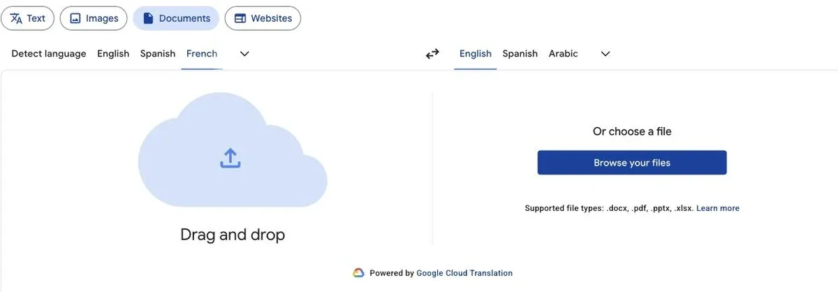Google Translate Documents with French and English selected