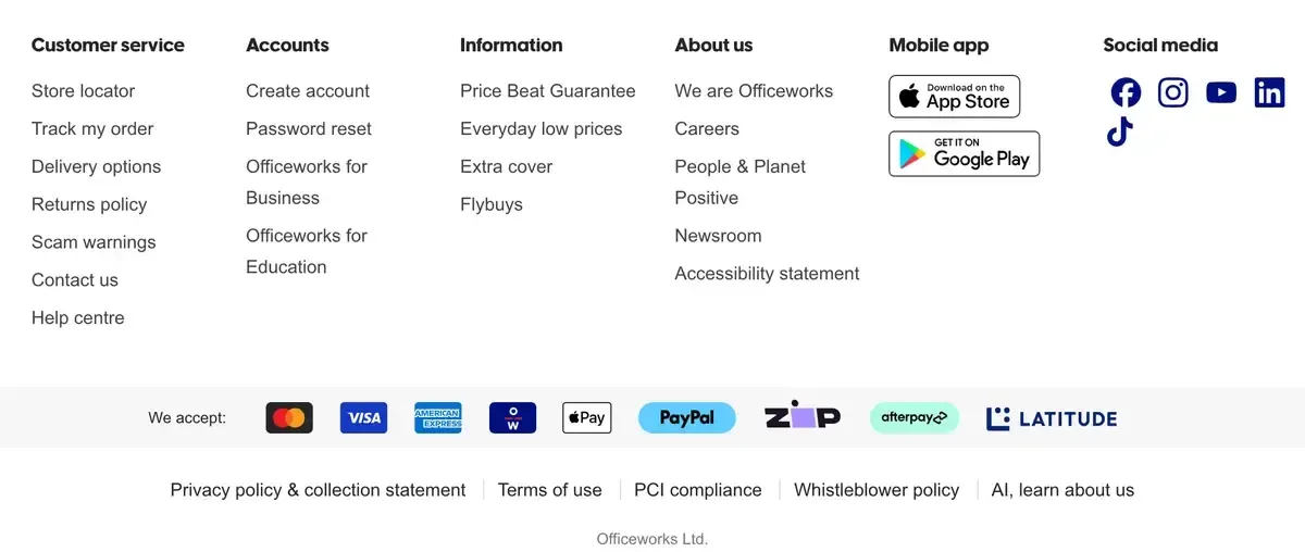 Officeworks website footer with links to Returns policy, Contact us, Privacy policy and Terms of use, and accepted payment methods