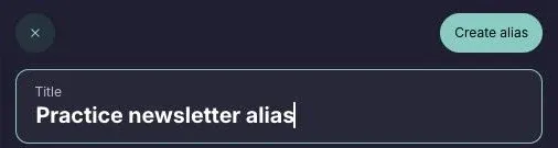 Proton Pass alias form with a fictional title and Create alias control