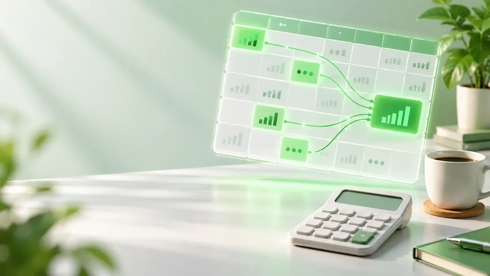 A glowing spreadsheet grid with cells linked into a summary cell, beside a calculator