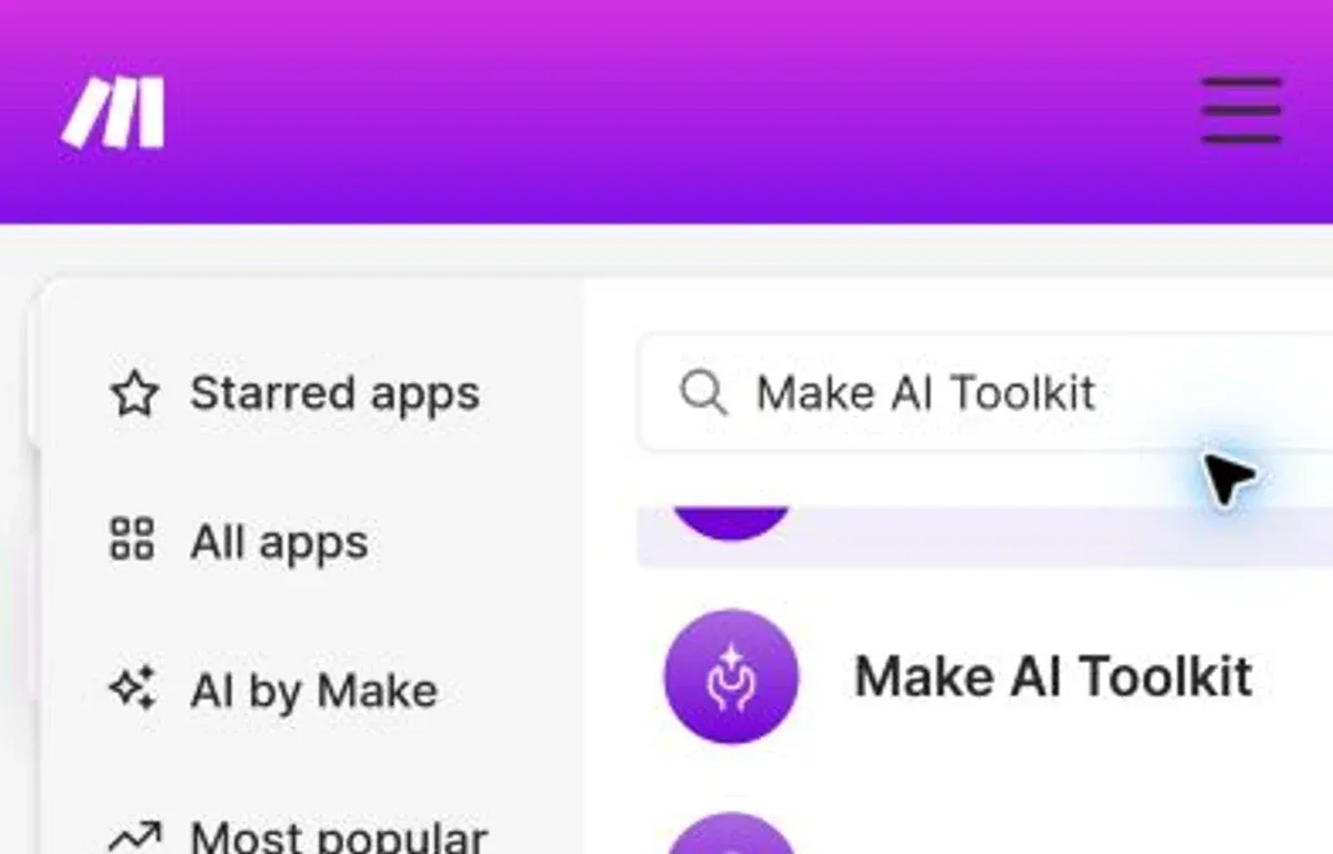 Make app picker showing the Make AI Toolkit search and app result.