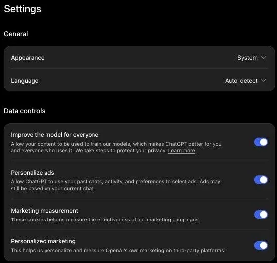 ChatGPT settings while signed out, with Improve the model for everyone and Personalize ads switched on