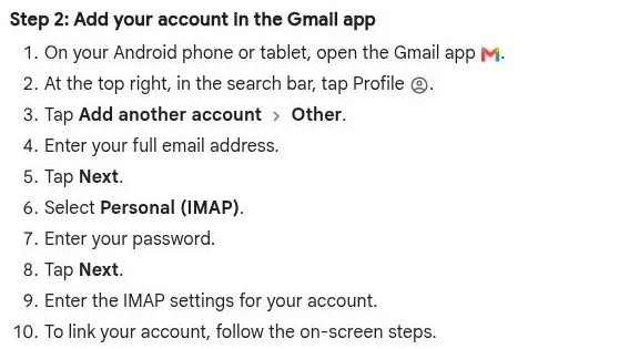 Google's Android instructions showing Add another account, Other and Personal IMAP for a separate mailbox.