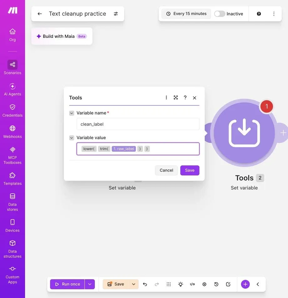Full Make editor with clean_label using lower around trim and the mapped raw_label token