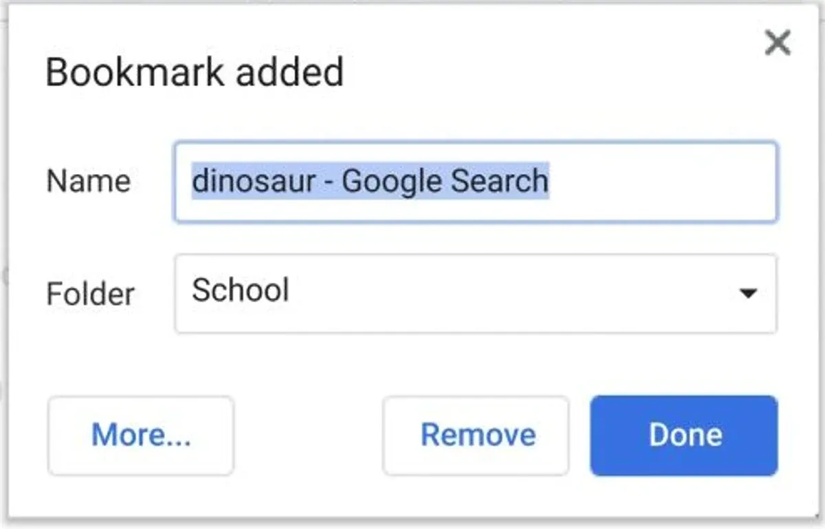 Google's Chrome Tips illustration of a bookmark dialog with Name, Folder and Done controls