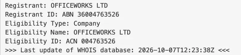 .au WHOIS result for officeworks.com.au showing registrant OFFICEWORKS LTD and ABN 36004763526