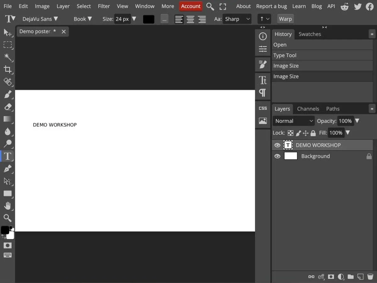 Photopea showing a fictional DEMO WORKSHOP text layer and a separate Background layer