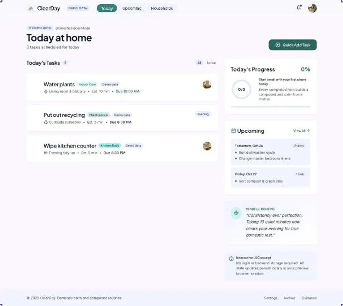 The revised ClearDay screen with Today at home in the header and the three original tasks.