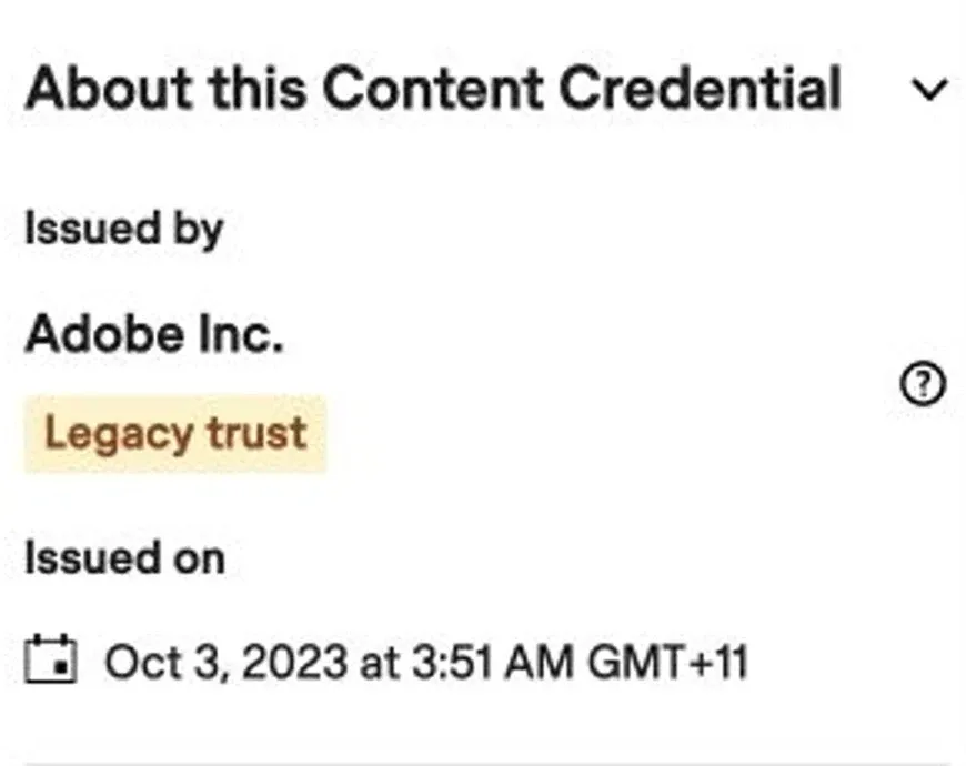 Verify details identifying Adobe Inc. as issuer and displaying a Legacy trust notice.