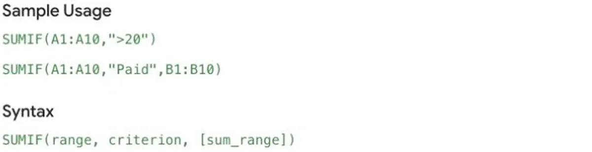 Google's SUMIF help showing sample usage and the range, criterion and optional sum range syntax
