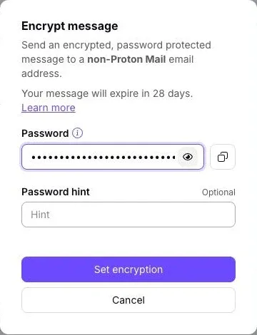 Proton Mail Encrypt message form with a masked example password and Set encryption button