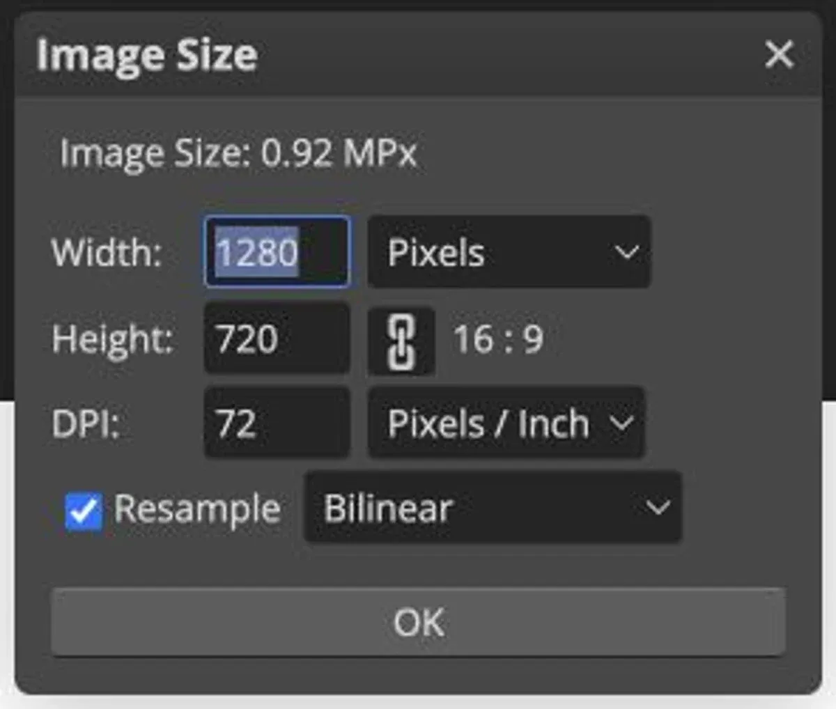 Photopea Image Size dialog showing 1280 by 720 pixels, DPI 72 and Resample enabled
