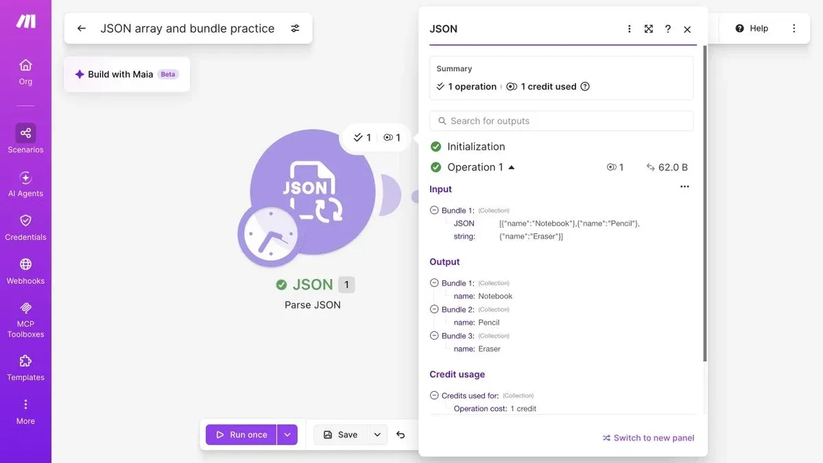 Make Parse JSON: one operation, three output bundles.
