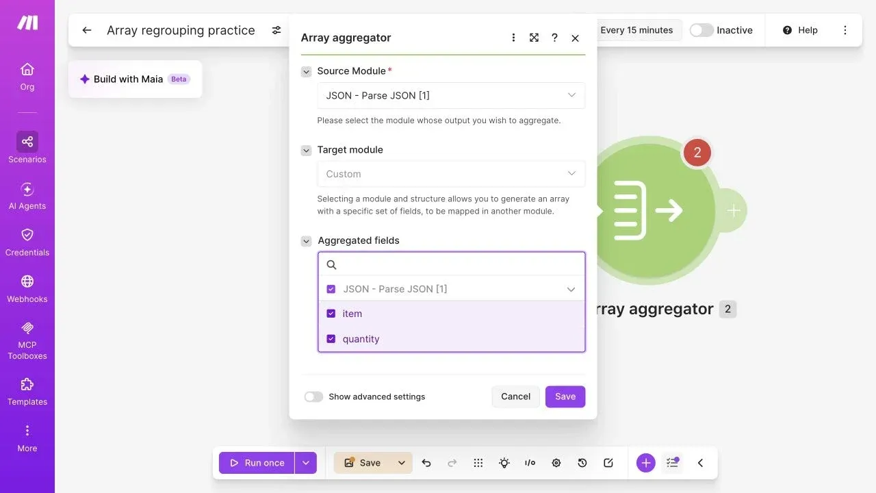 Full Make editor with Array aggregator source and item and quantity fields selected