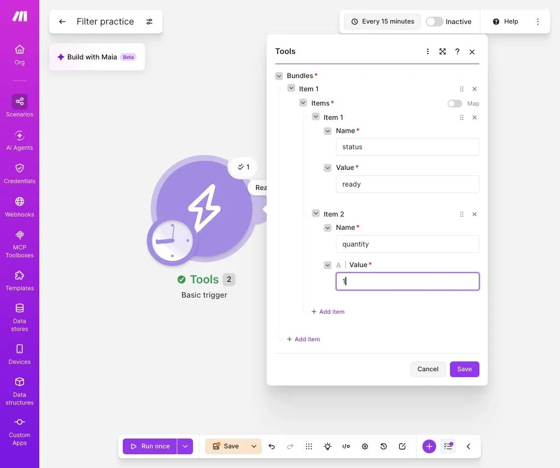 Full Make editor with a Basic trigger containing status ready and quantity 1