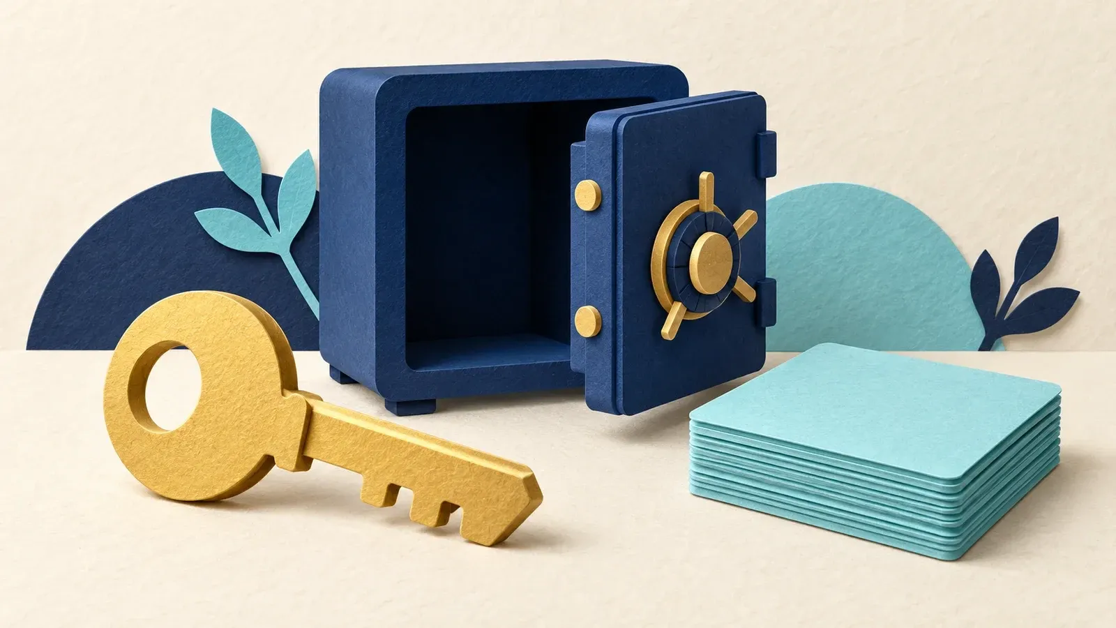 A gold key beside an open navy vault and blank aqua cards