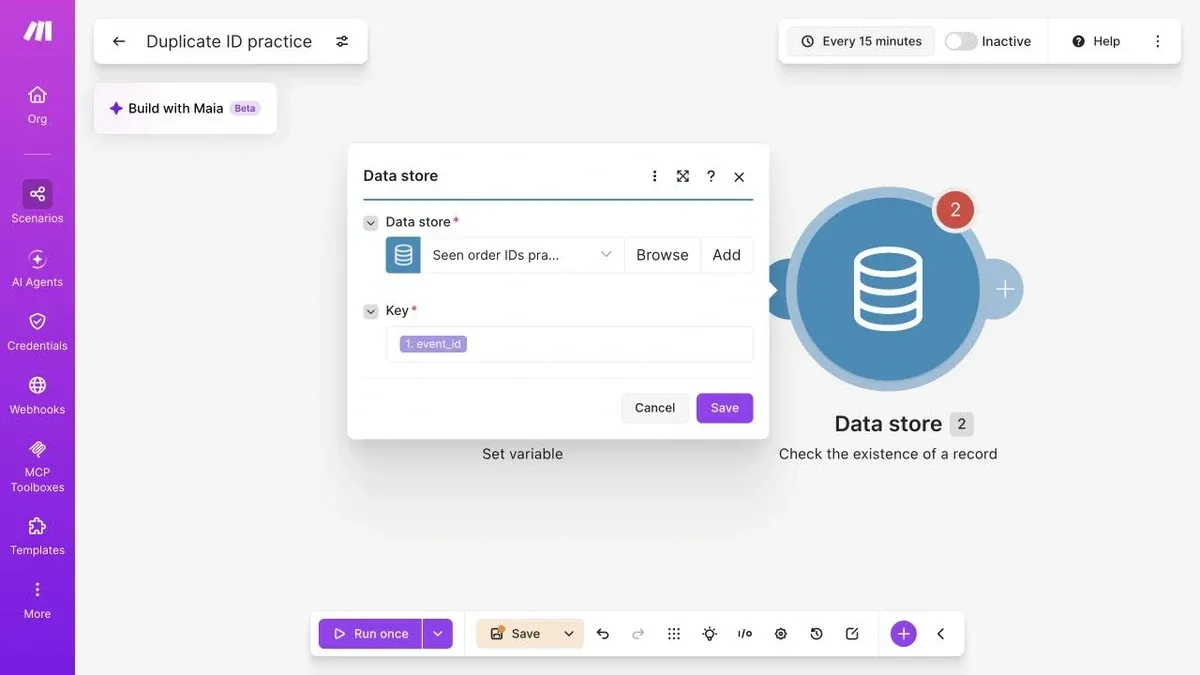 Full Make Data Store existence check mapping 1.event_id into Key.