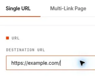 Single URL selected in adfreeqr, with https://example.com/ in the Destination URL field.