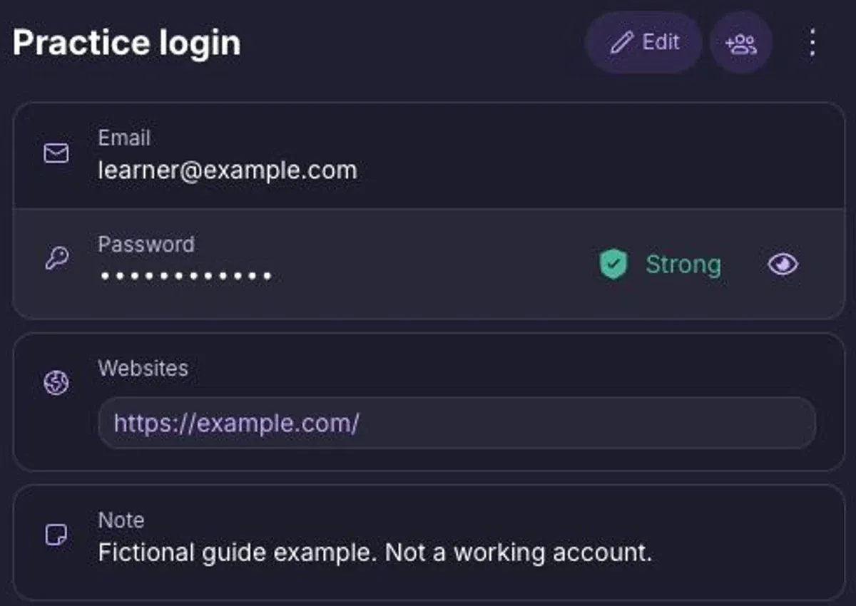 Saved fictional Practice login in Proton Pass with email, masked password, website and note