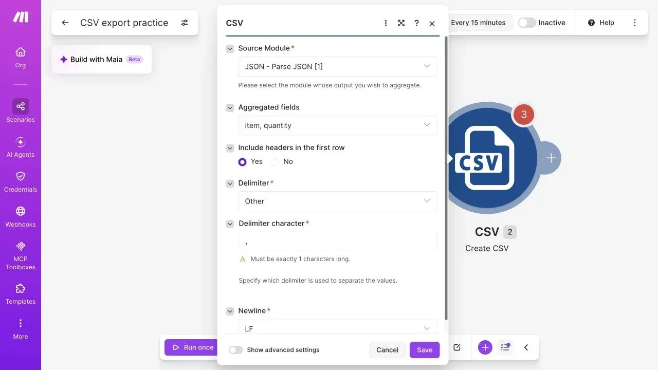 Full Make editor selecting item and quantity for CSV aggregation with headers enabled