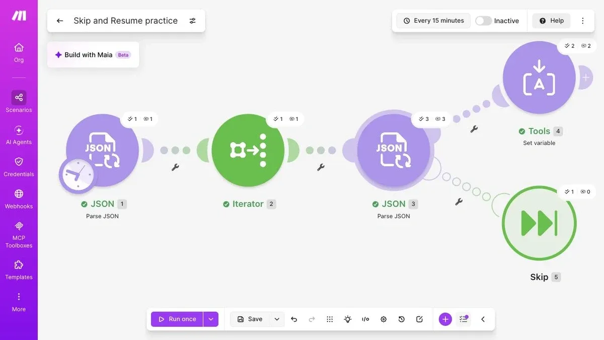 Make Skip workflow shows three parser operations and two Tools operations