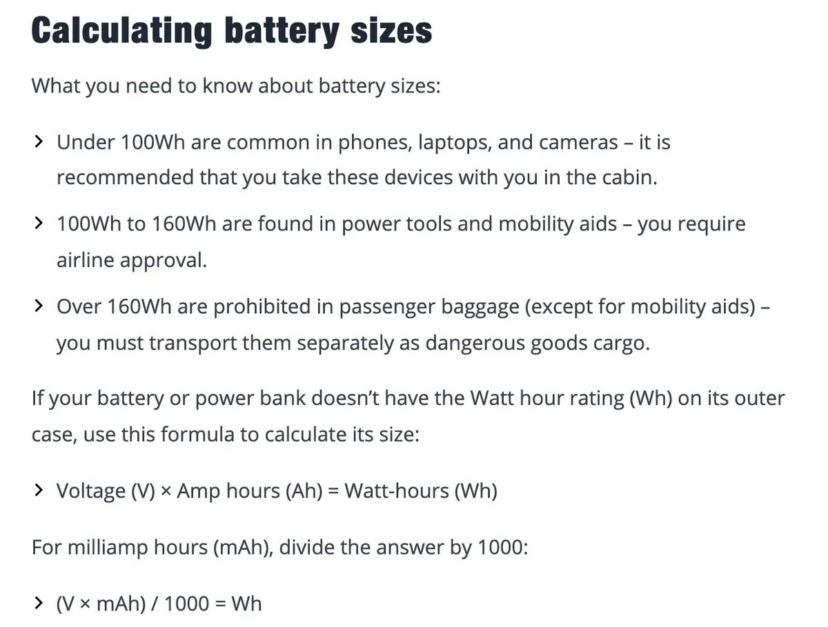 CASA's Calculating battery sizes section, showing watt-hour ranges and the formula (V × mAh) / 1000 = Wh.