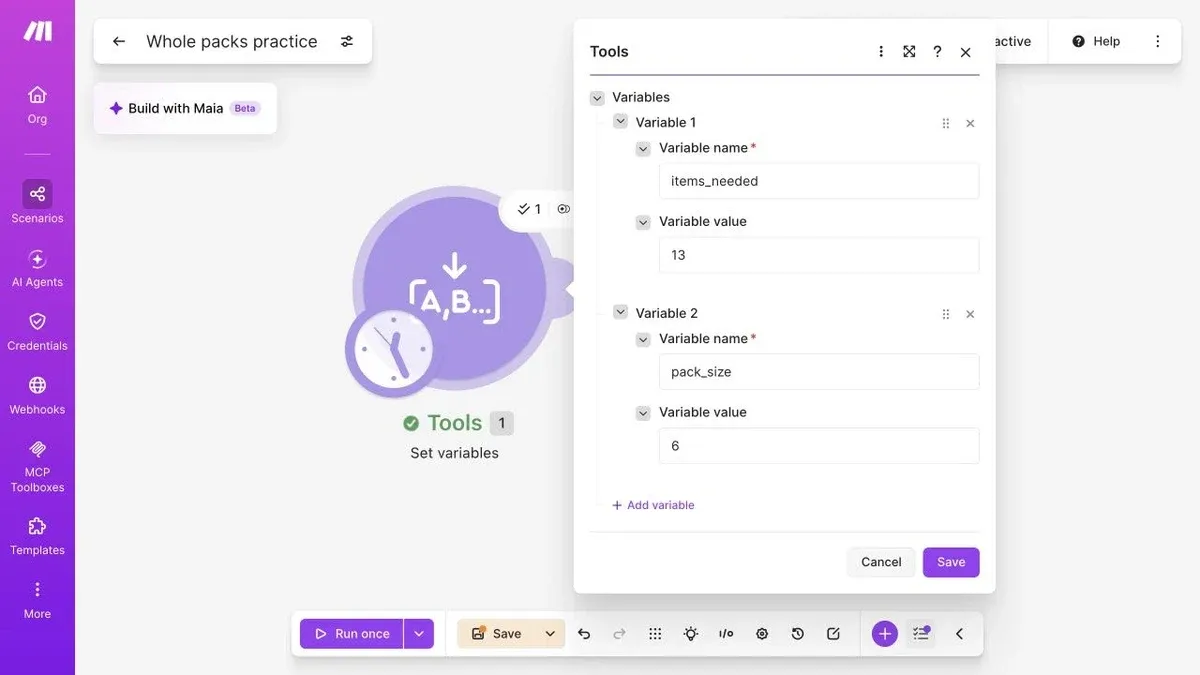 Full Make editor showing items_needed set to 13 and pack_size set to 6