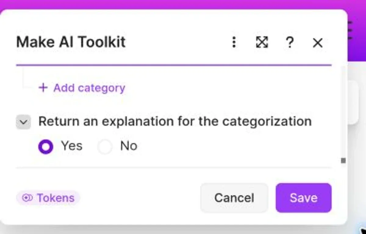 Make AI Toolkit with Return an explanation for the categorization set to Yes.
