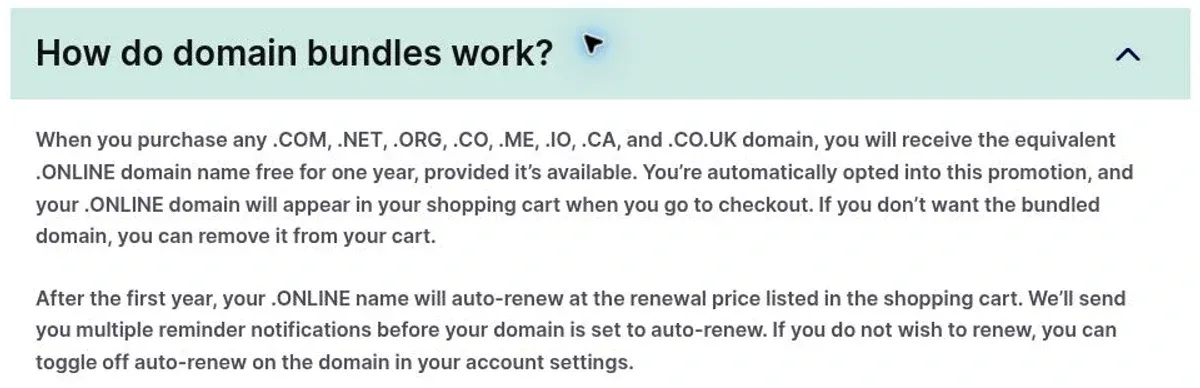 Hover's domain-bundle FAQ explaining the free first year and later automatic renewal.