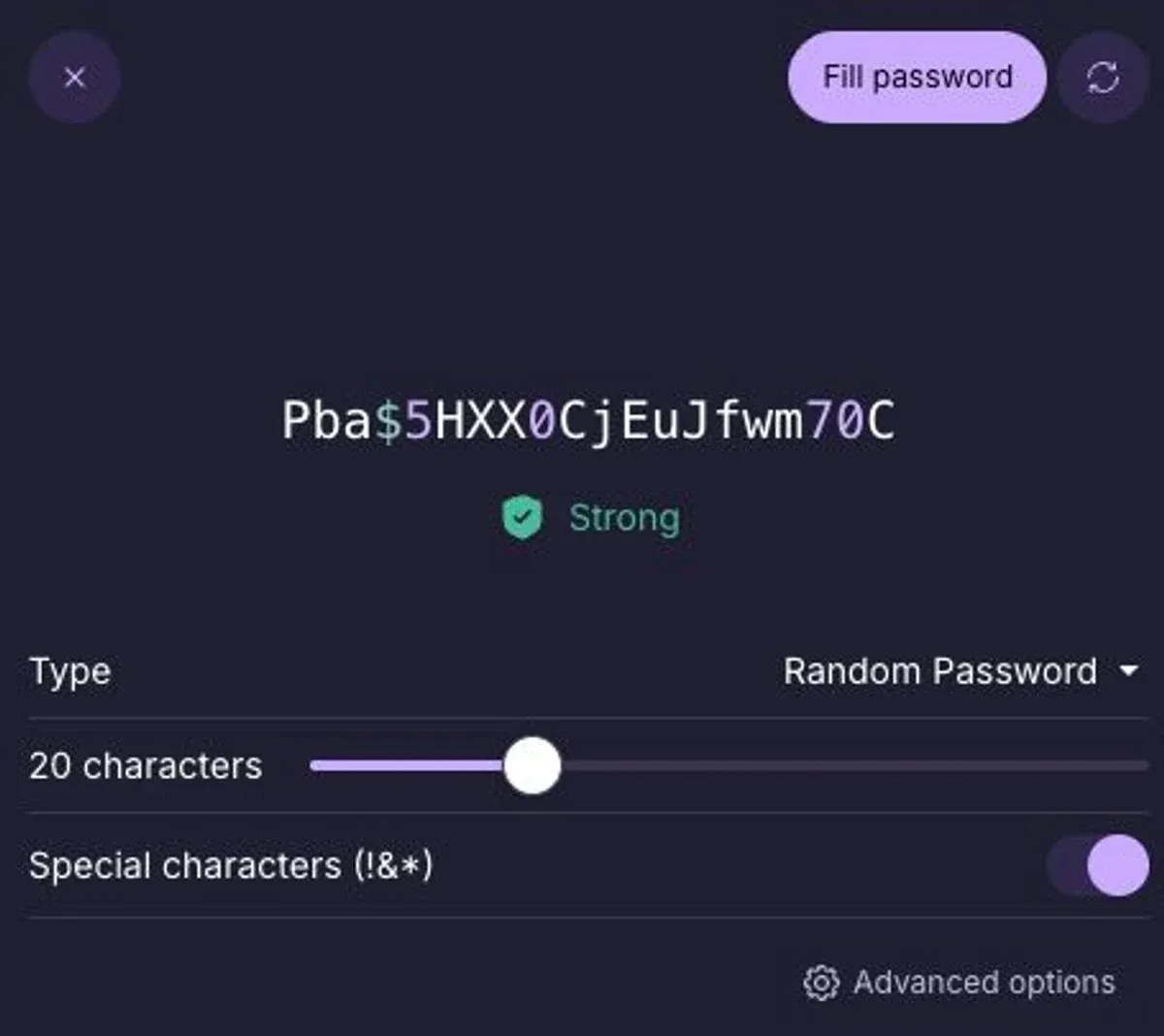 Proton Pass Free random password generator set to 20 characters with special characters enabled