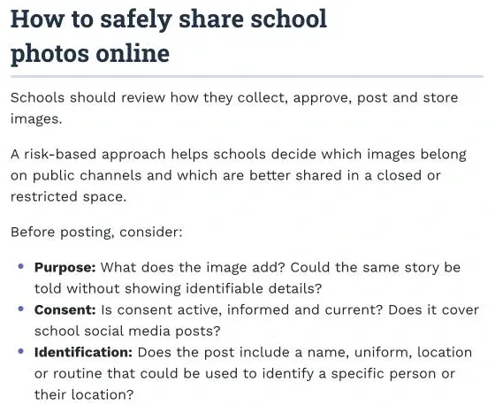 eSafety school photo checklist covering purpose, consent and identifying details