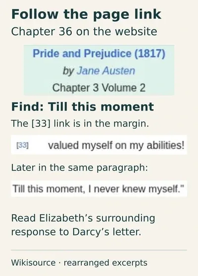 Separate Wikisource excerpts showing Chapter 3 Volume 2, margin link 33 beside its original passage fragment, and the complete quote.