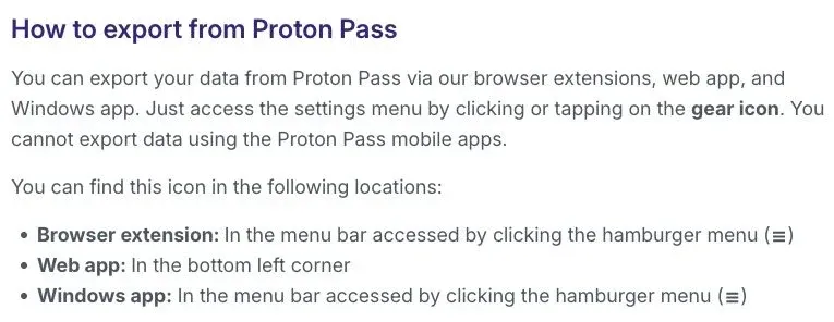 Proton public export-help page lists browser extension, web app and Windows app, and says mobile apps cannot export.