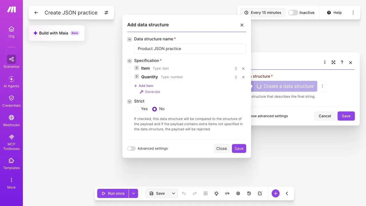 Full Make editor with Item type text and Quantity type number in the data structure