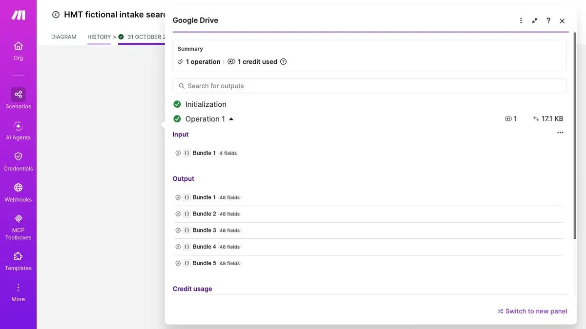 Make historical search output displaying five result bundles for the five-file practice folder.