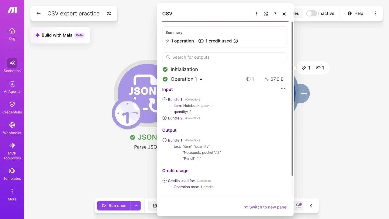 Full Make editor showing one CSV text output with a header and two quoted rows