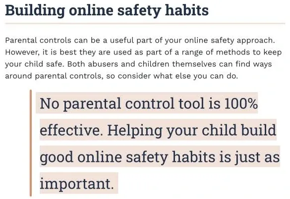 eSafety guidance explaining that parental controls cannot prevent every online risk