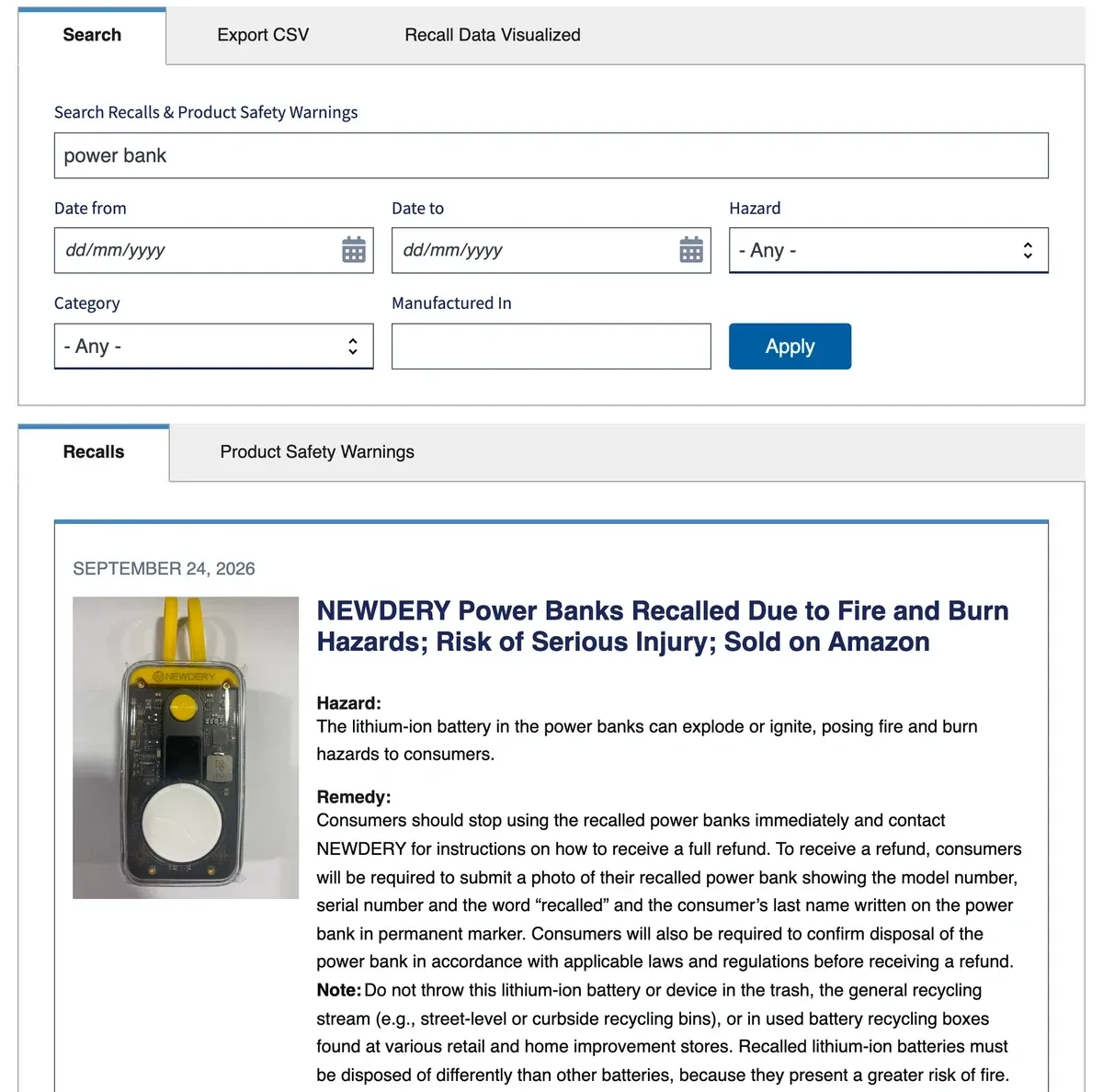 The US CPSC recalls search with power bank entered, showing a power bank recall for fire and burn hazards dated 24 September 2026.
