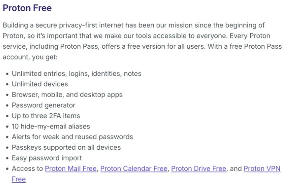 Proton’s support page lists up to three authenticator items and 10 hide-my-email aliases for Proton Pass Free.