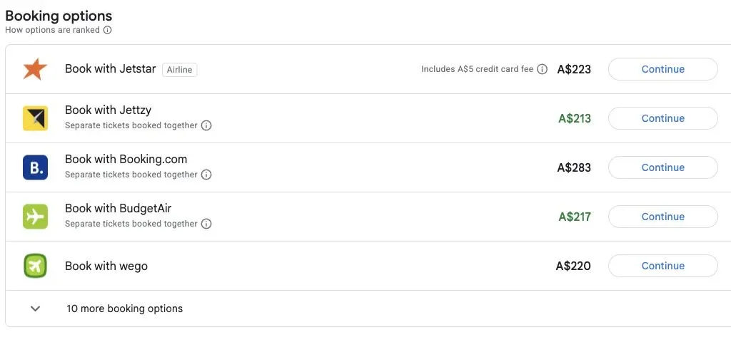 Booking options showing Jetstar at A$223 with an A$5 card fee and Jettzy at A$213 with a separate-ticket label on 7 October 2026.