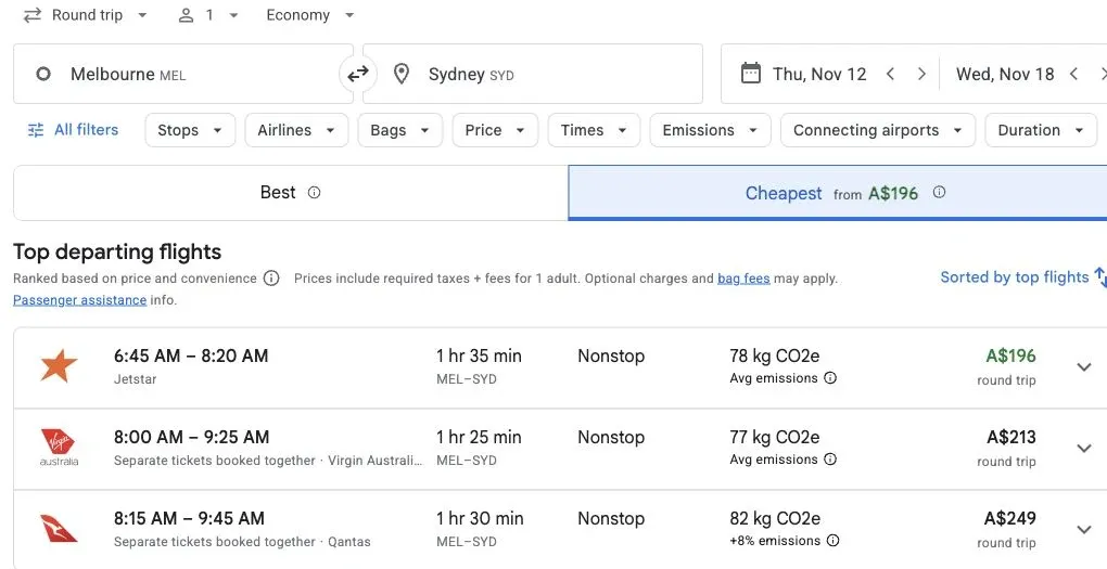 Cheapest tab showing example fares, flight times, airport codes and separate-ticket labels.