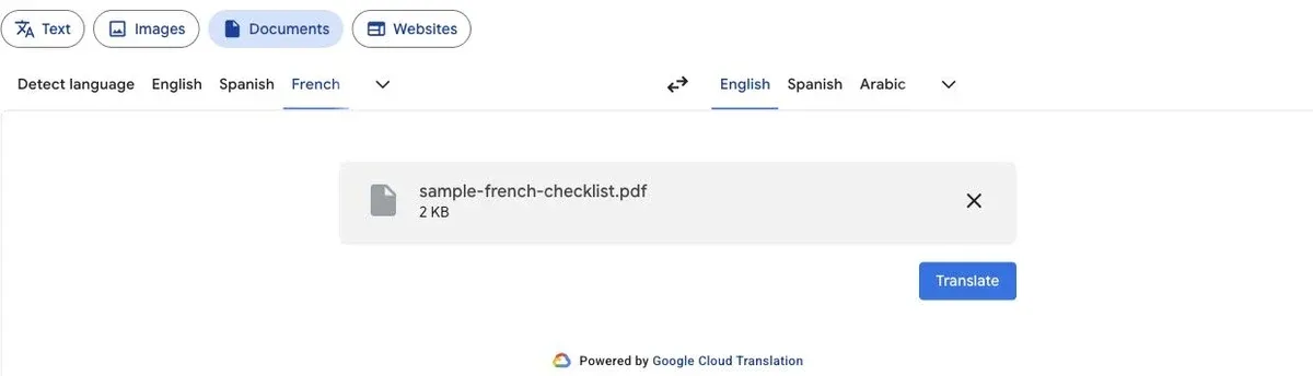 Sample PDF selected in Google Translate, ready to translate