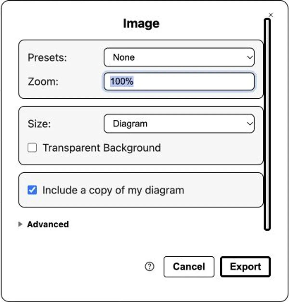 PNG export settings with Include a copy of my diagram ticked