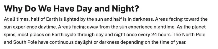 NASA explanation of day and night with the polar daylight exception
