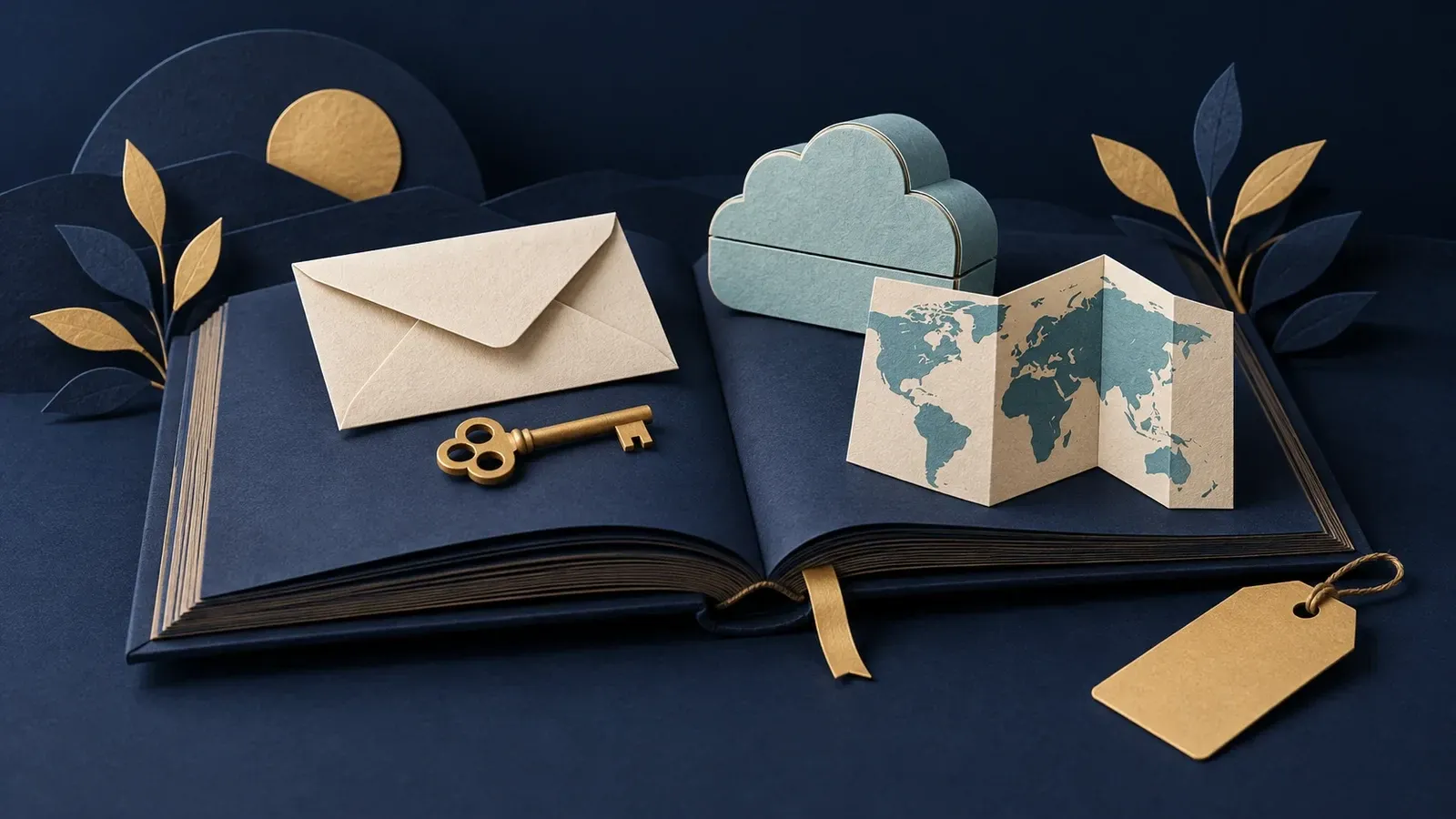 Paper envelope, key, cloud-shaped box and folded map on an open navy book beside a blank gold tag.