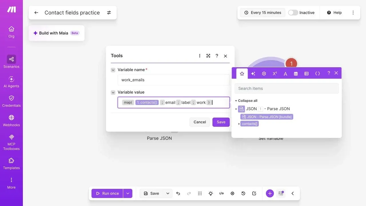 Full Make editor with map extracting email from contacts whose label is work