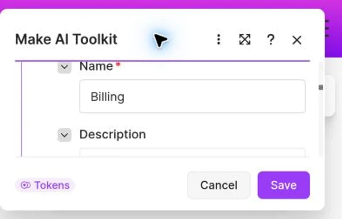 Make AI Toolkit category fields with Billing in Name and a separate Description label below.