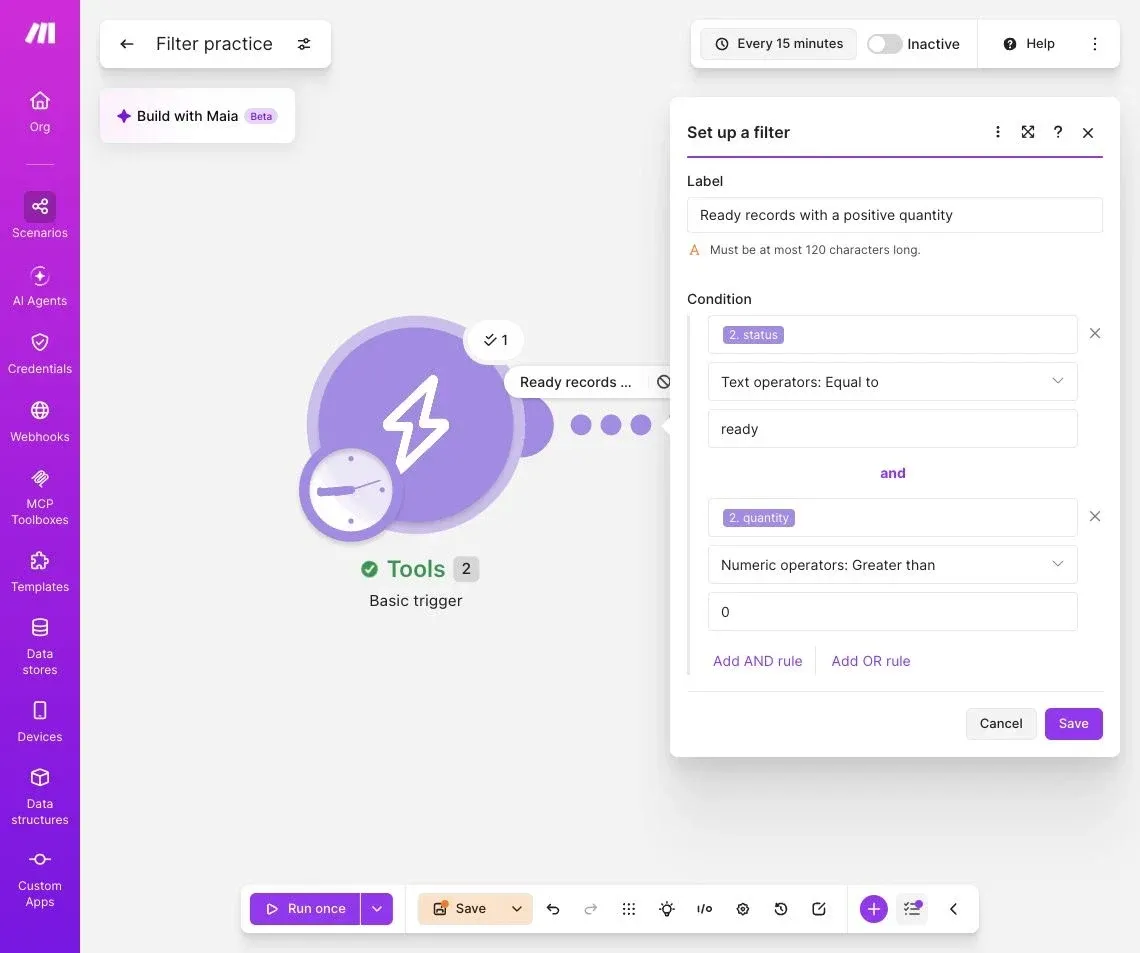 Full Make editor with status equal to ready and quantity greater than zero joined by AND