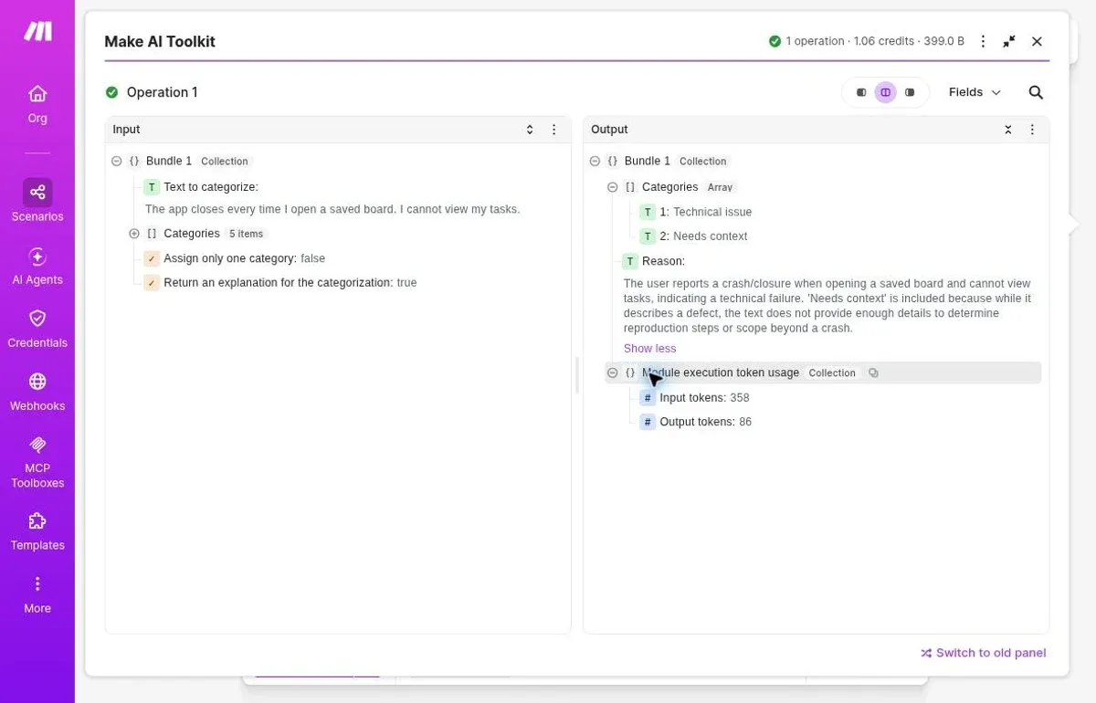 Make output assigns Technical issue and Needs context to a fictional saved-board crash report.